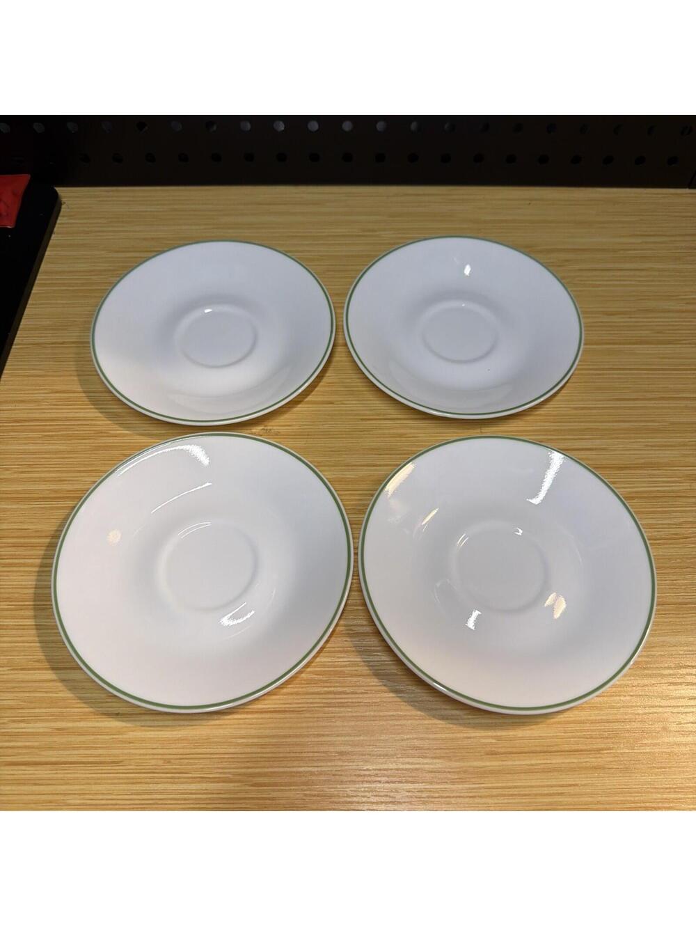 Set of 4 Corelle Corning Ware White Saucers with Single Green bands / stripes *